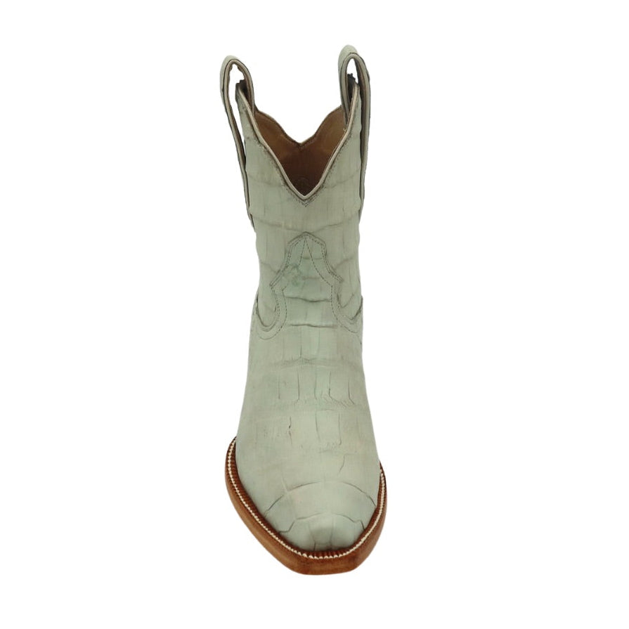 Cream putty ivory off white alligator luxury cowgirl cowboy boot with brown sole on a white background
