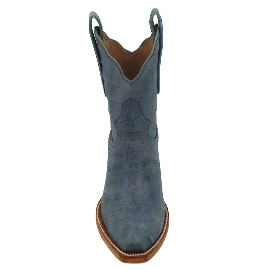 Denim Blue alligator luxury cowgirl cowboy boot on a white background