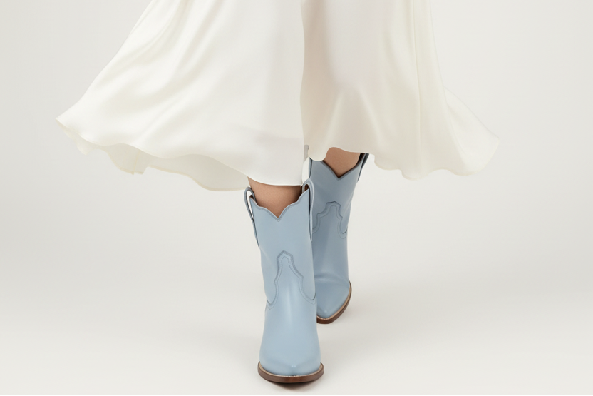 Person wearing light blue rain boots with a white skirt on a plain background