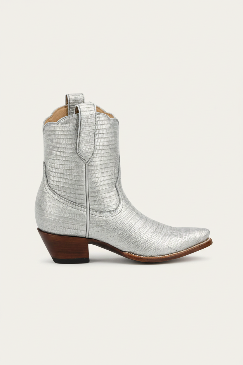 Silver lizard cowgirl cowboy shorty boot with brown sole on a white background