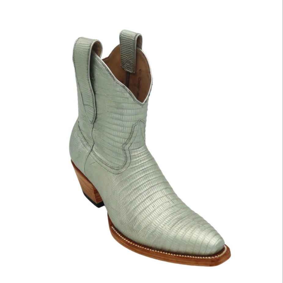 Silver silver lizard luxury cowgirl cowboy boot on a white background