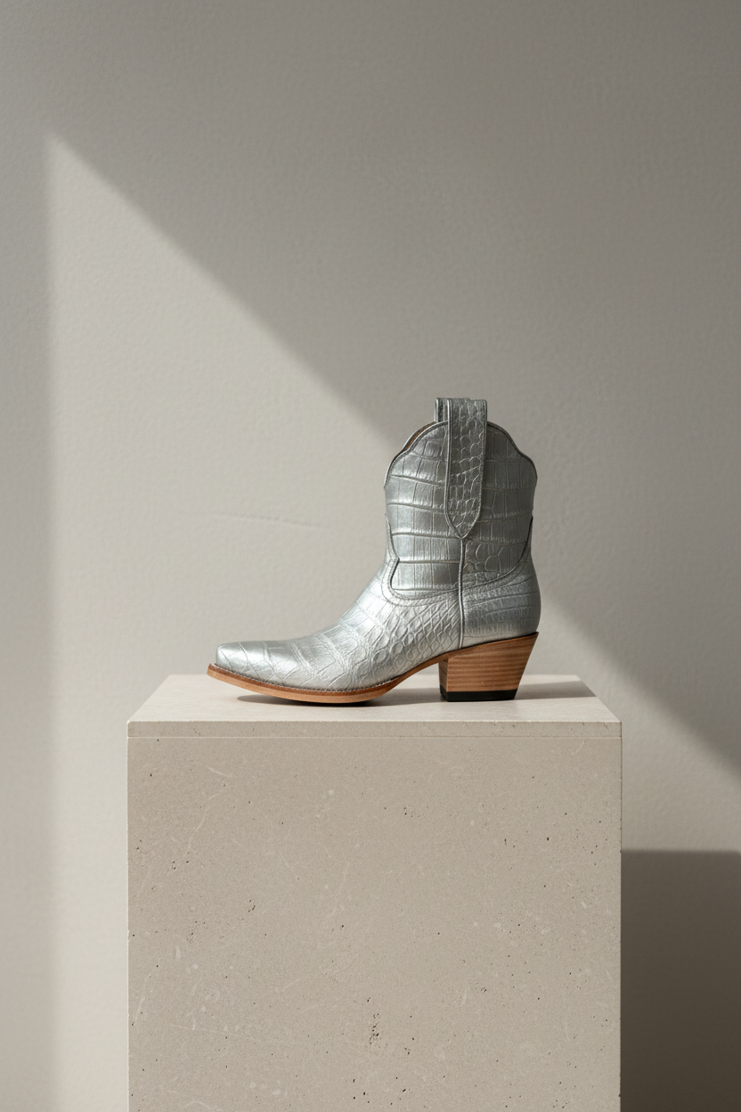 The Payton Boot — Silver Metallic Alligator — Detail view of premium calfskin texture and tonal stitching