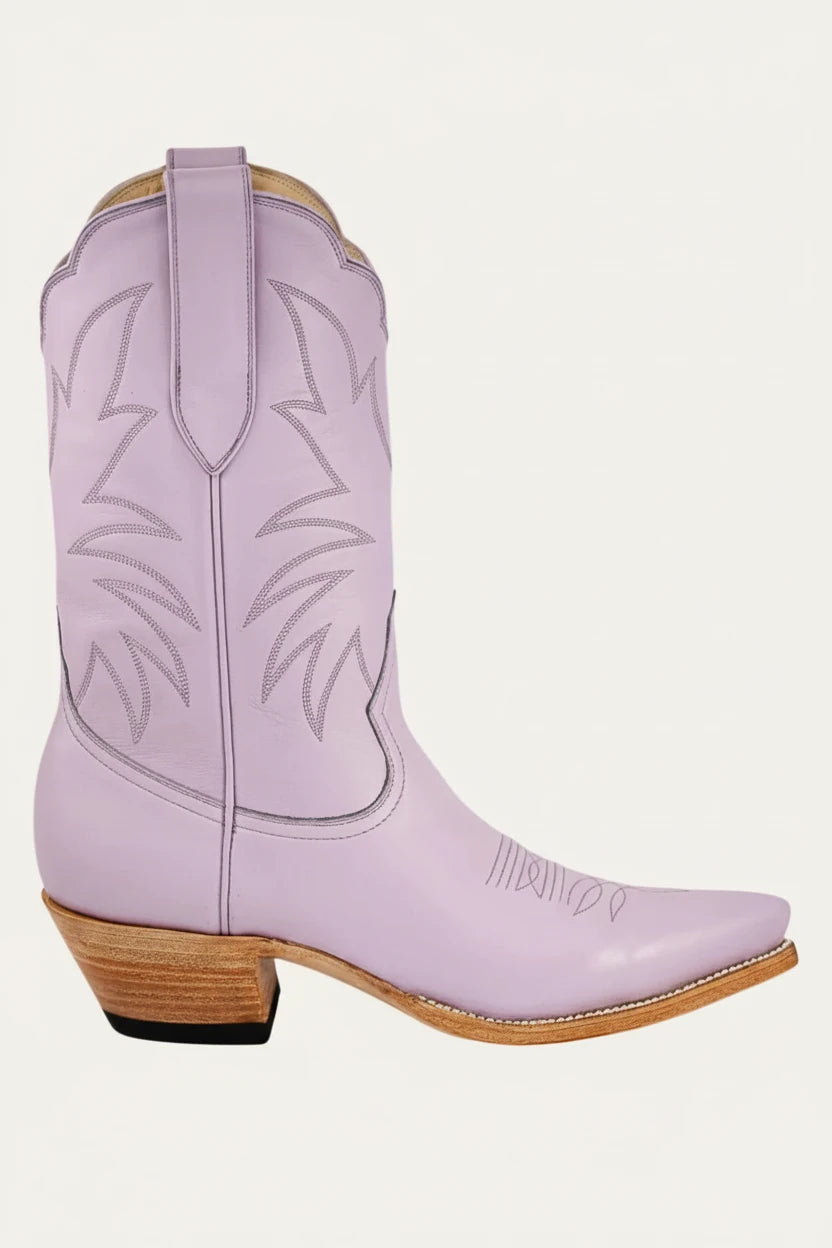 Lavender cowboy boot with brown sole on a white background