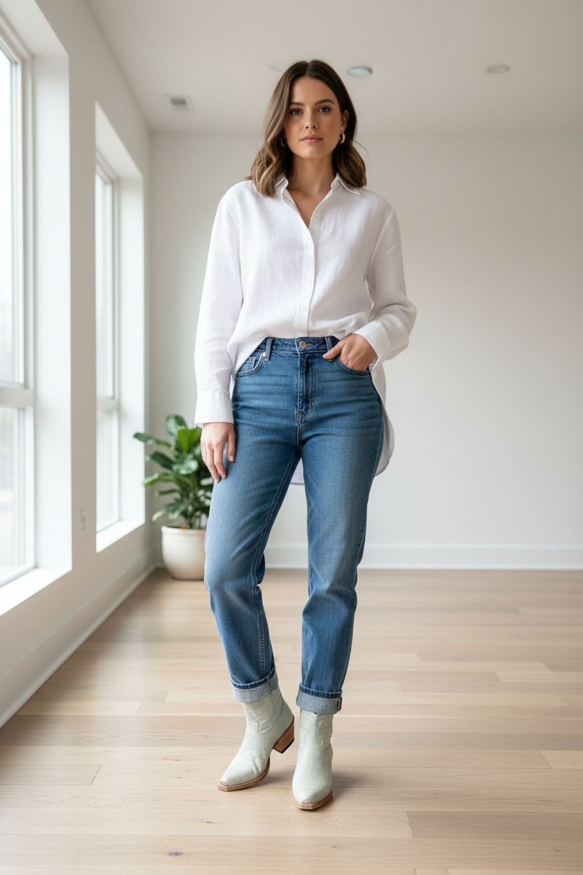 Woman wearing a white shirt, blue jeans, and white boots in a bright room.