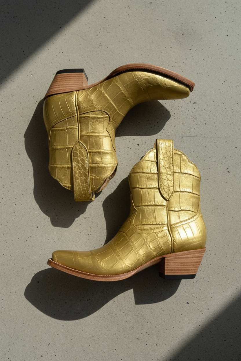 Gold American alligator crocodile-patterned boots with brown soles on a concrete surface