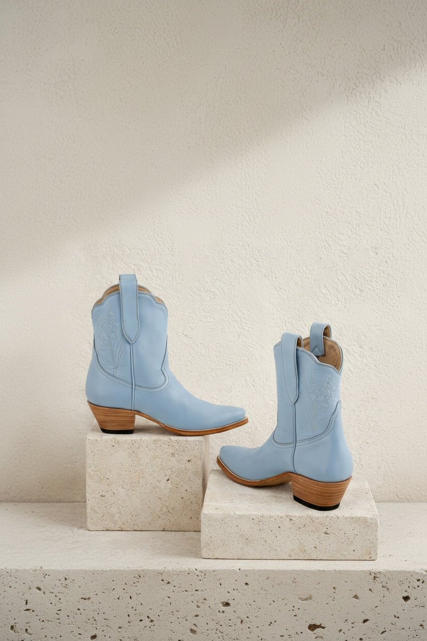 Pair of light blue cowboy boots with brown soles on a beige stone surface. lily of the valley embroidery