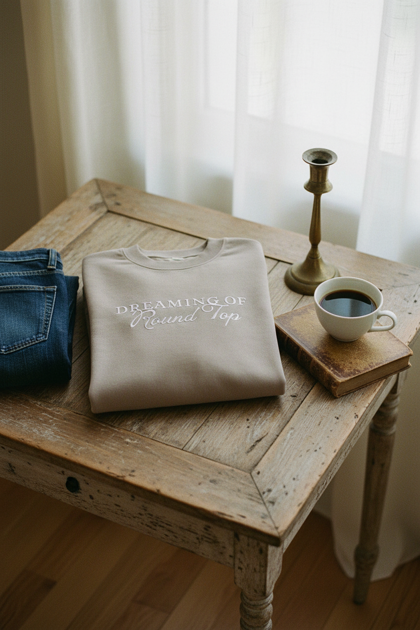 Beige sweatshirt with Dreaming of Round Top text on a wooden table with a cup of coffee and jeans.