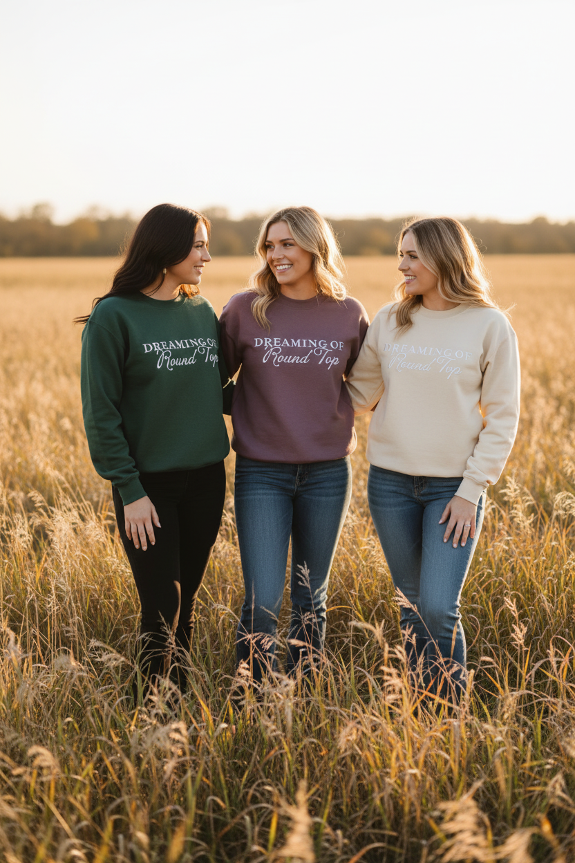 Three women standing in a field wearing sweatshirts with text Dreaming of Round Top embroidered