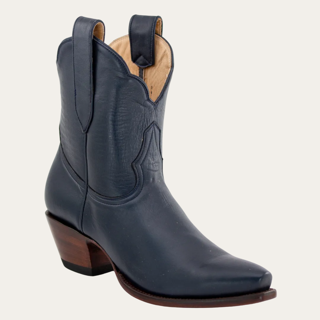 Navy blue cowboy boot with brown heel on a white background