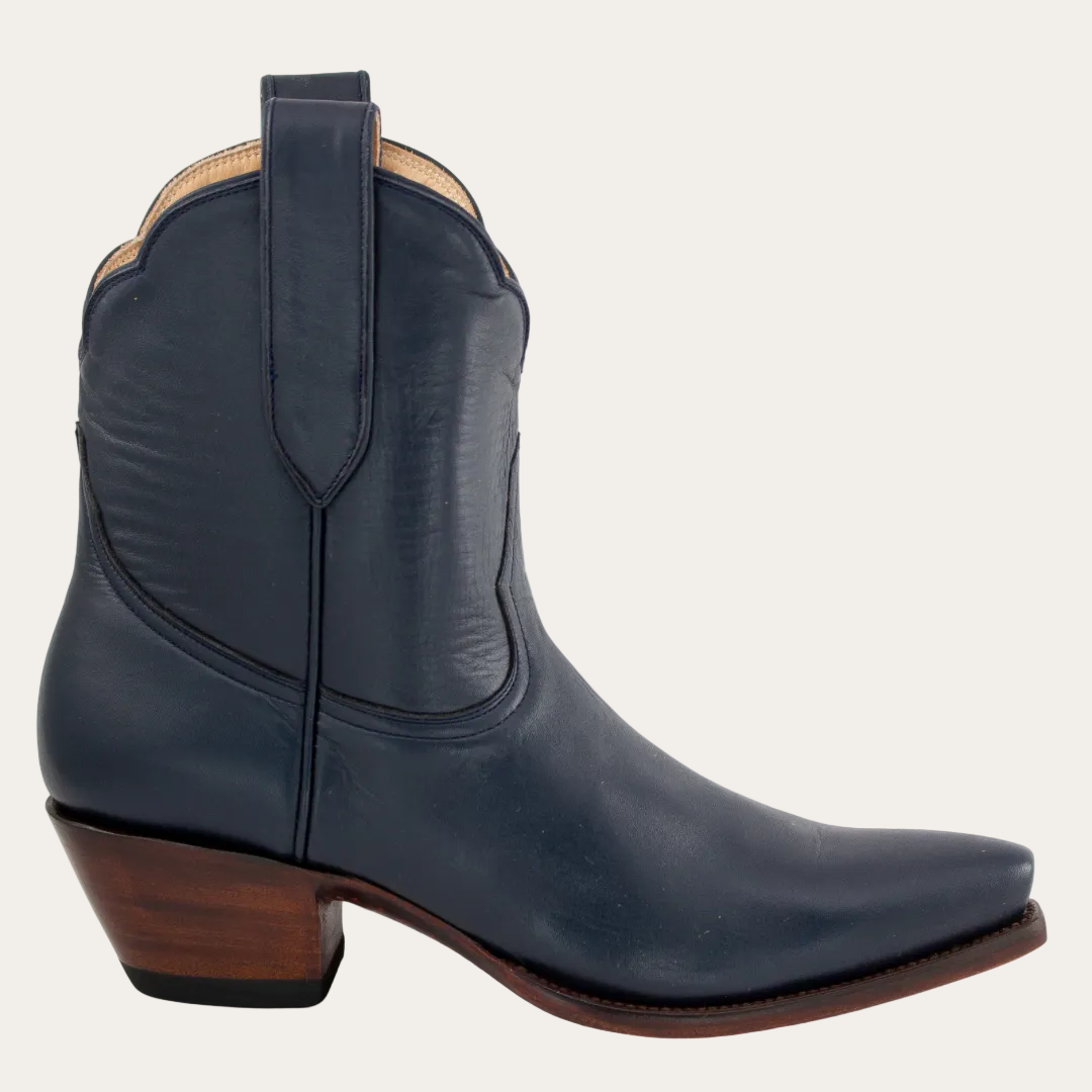 Navy Blue short cowgirl cowboy boot with a wooden heel on a white background