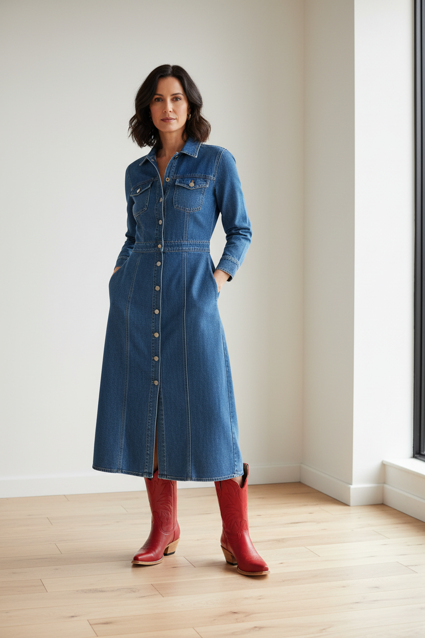 Woman wearing a blue denim dress with luxury handcrafted deep red boots indoors.