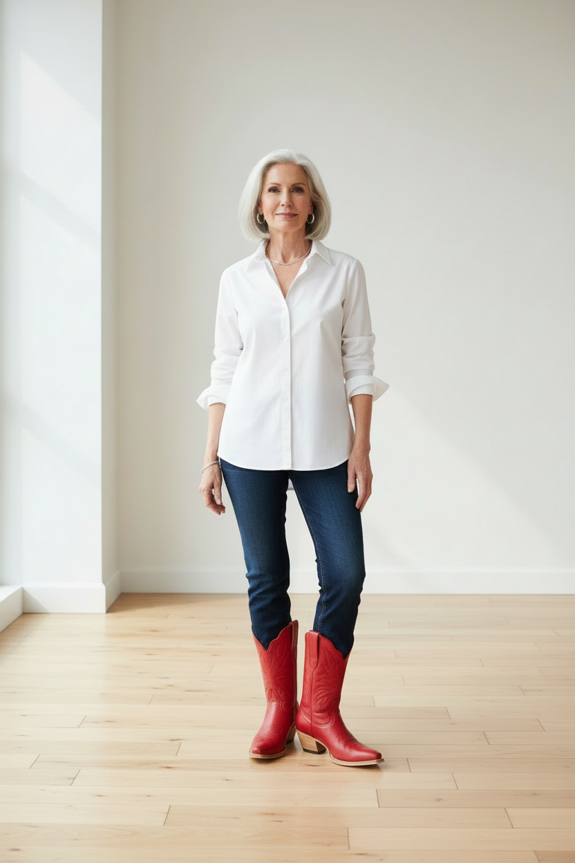 Woman wearing a white shirt, blue jeans, and luxury handcrafted deep red boots standing in a room with a white wall and wooden floor.