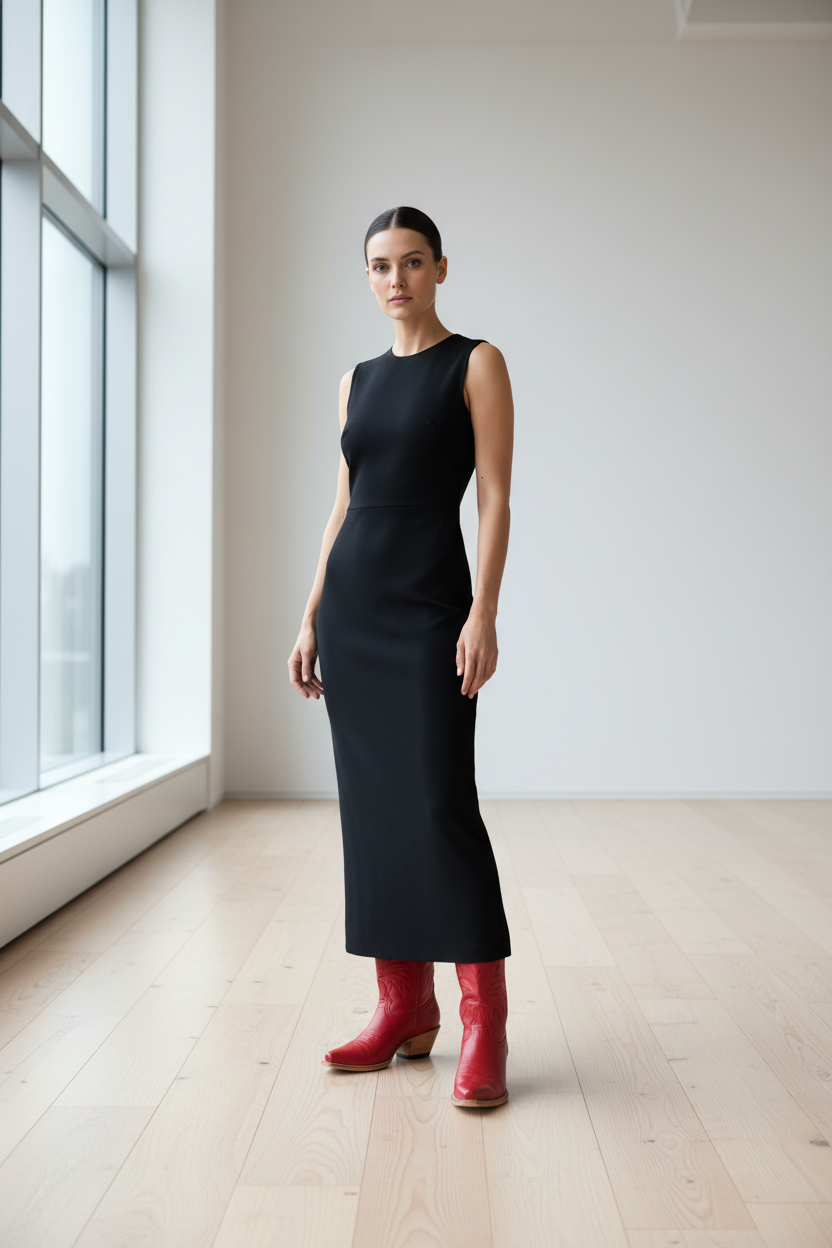Woman in a black dress and deep luxury handcrafted deep red boots standing in a room with large windows.