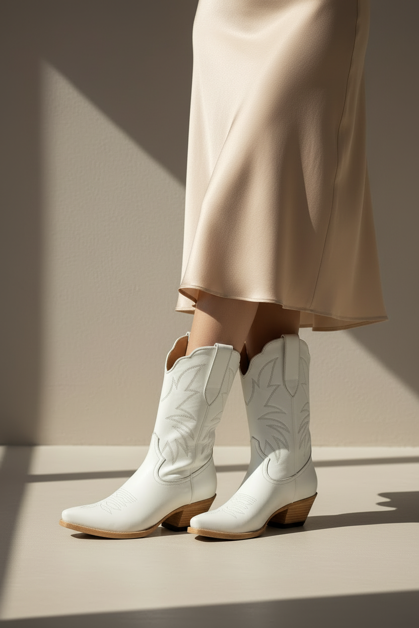 The Taylor Midi Boot — Heritage Palette — Detail view of premium calfskin texture and tonal stitching