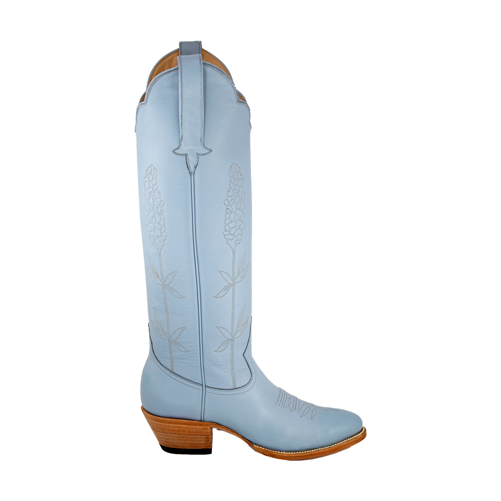 Powder Blue Bluebonnet tall western boot, 90-degree side profile view
