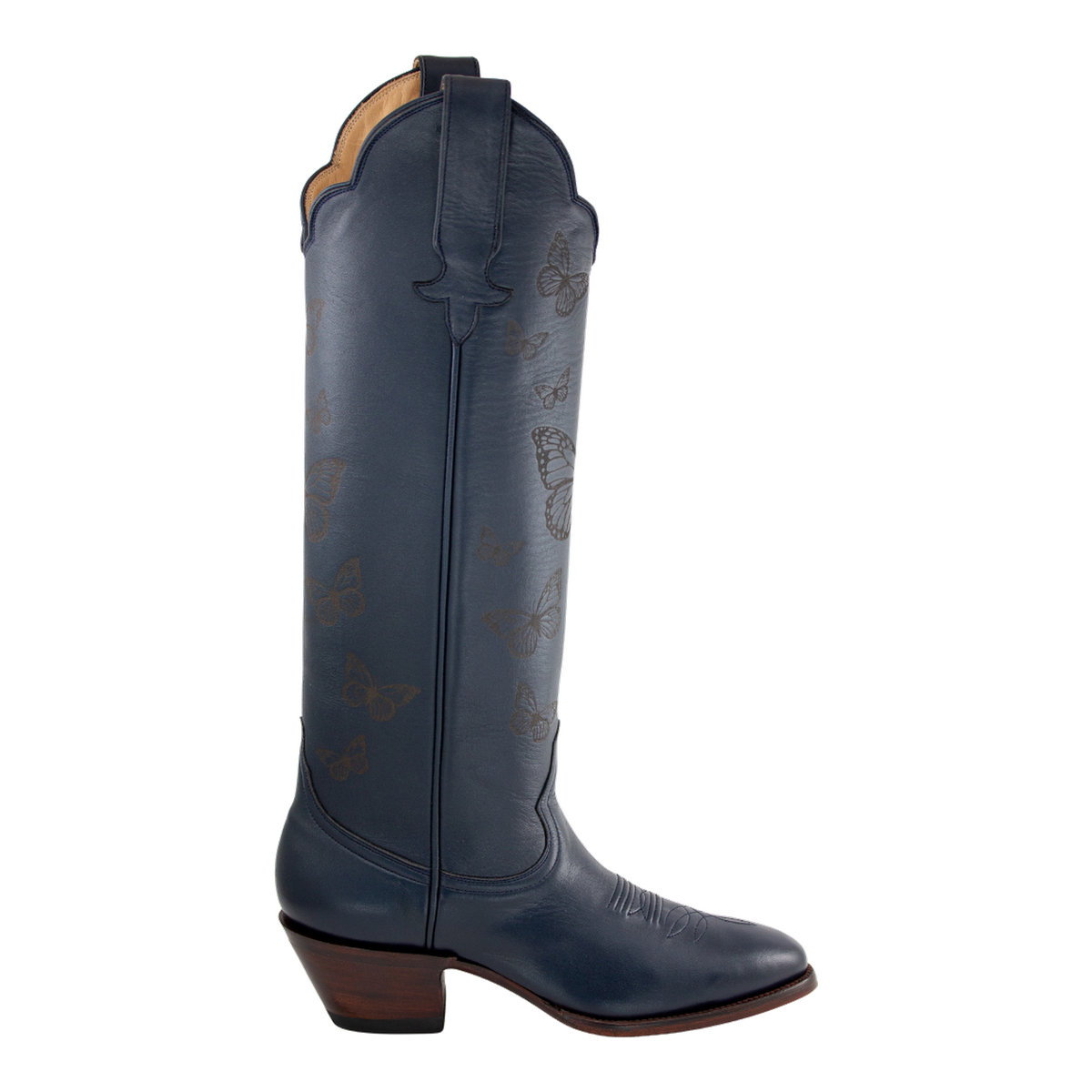 Navy Butterfly boot, side studio view on a transparent background.