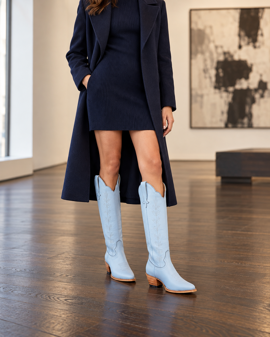 Powder Blue Vine | Navy winter tailoring. AI-generated editorial image.