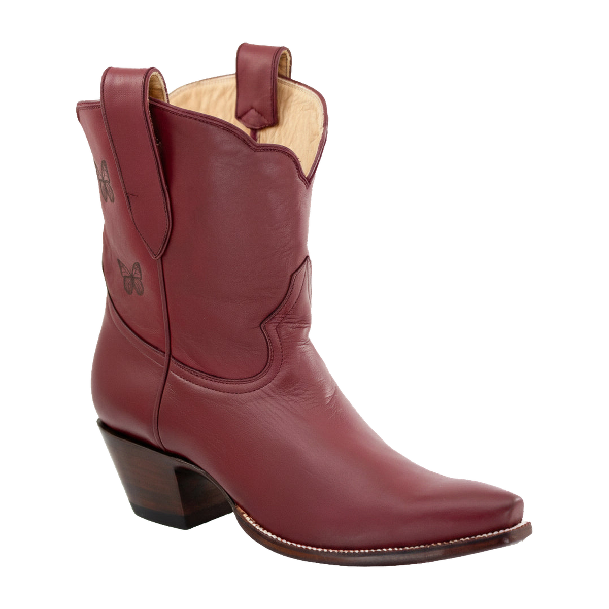 Three-quarter front view of the maroon Mariposa boot.