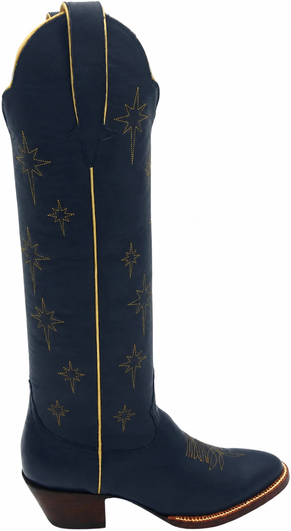 North Star Boot in Navy and Gold with dark brown heel, photo-based AI color visualization with eight-point star embroidery; navy color is approximate.