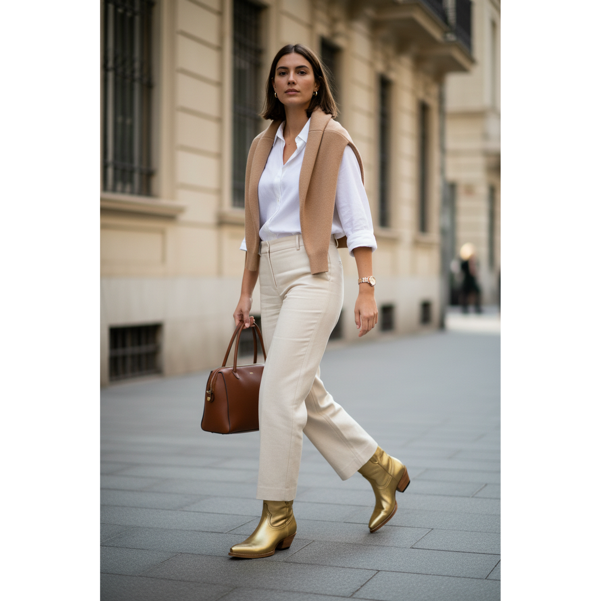 Gold Metallic Payton boots worn with cream trousers on a city street