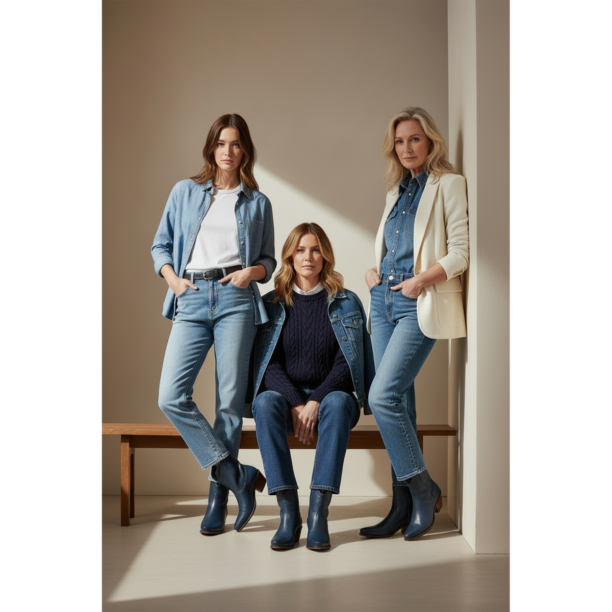Three women in blue and neutral outfits wearing dark boots in a studio.