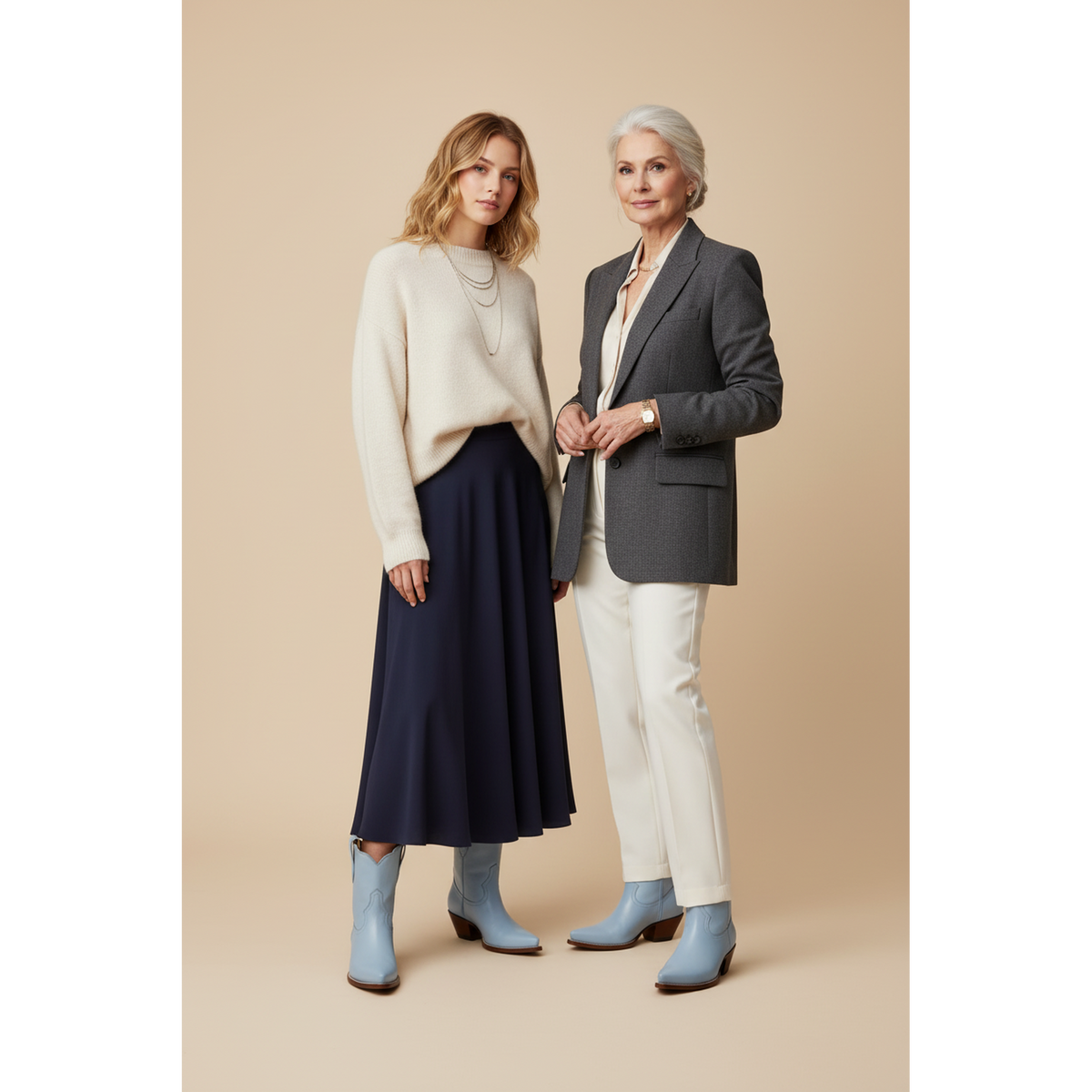 Two women styling pale-blue boots with a navy skirt and light trousers.