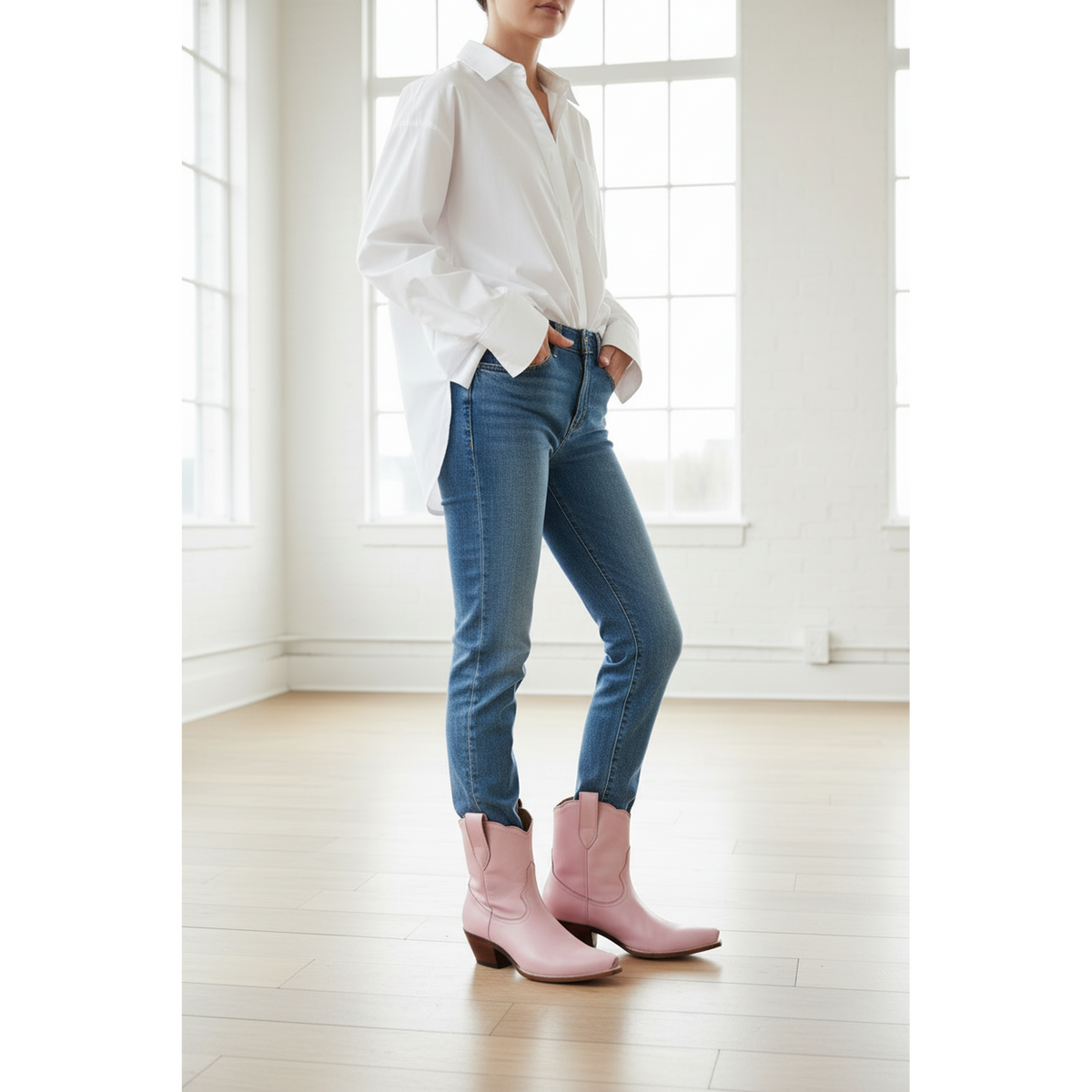 Petal Pink Payton boots styled with cuffed blue jeans and a white shirt.