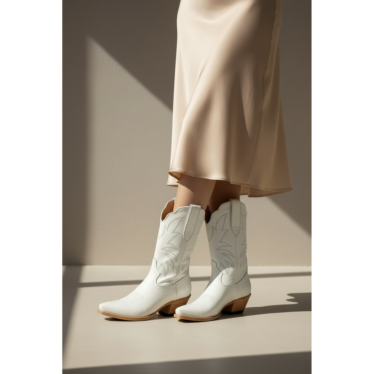 The Taylor Midi Boot — Heritage Palette — Detail view of premium calfskin texture and tonal stitching