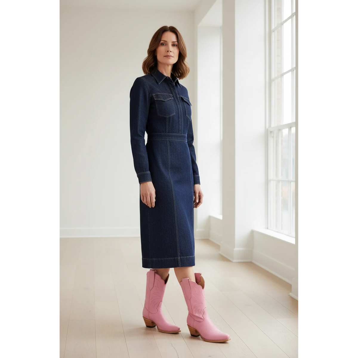 Woman wearing pink midi boots with a dark denim midi dress.