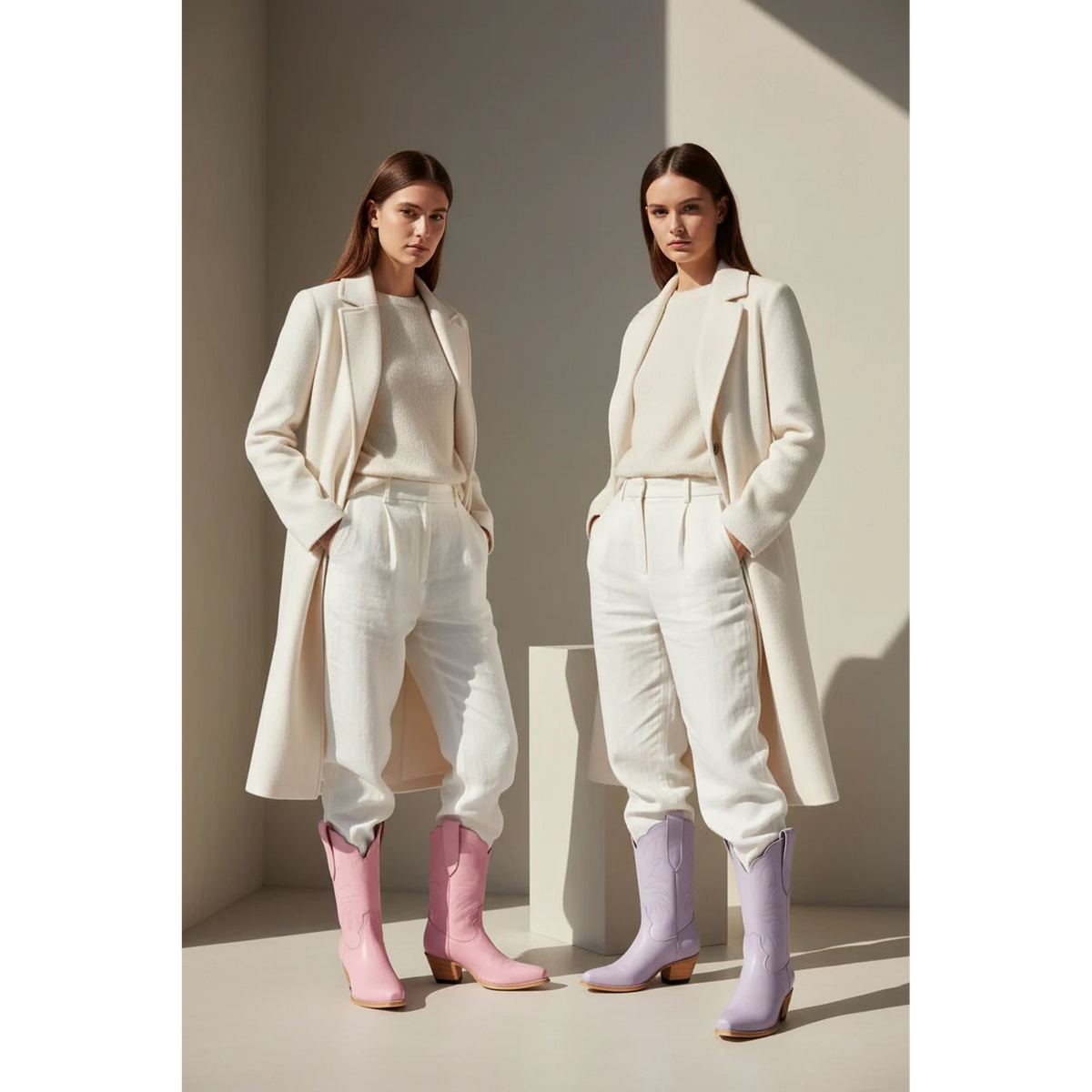 Two women in cream tailoring wearing pink and lavender midi boots.
