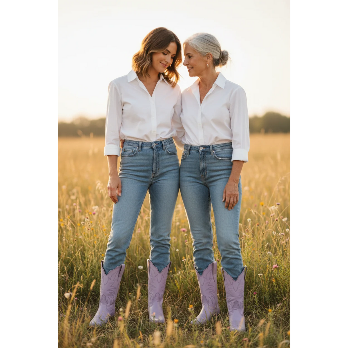 Two women wearing lavender boots with white shirts and blue jeans in a field.