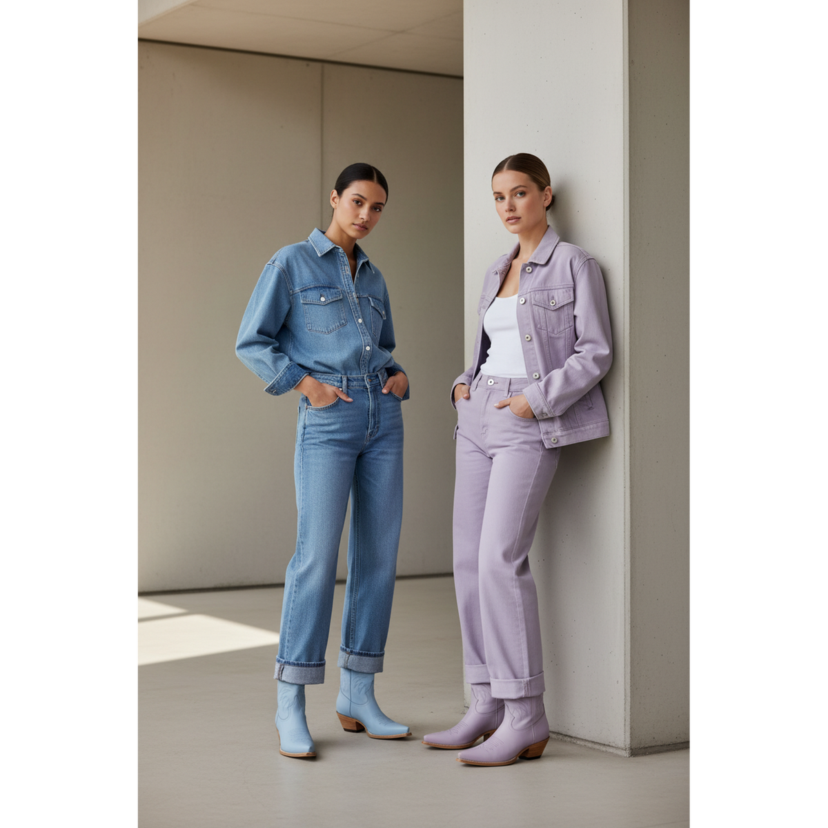 Two women in blue denim and lavender tailoring wearing blue and lavender boots.