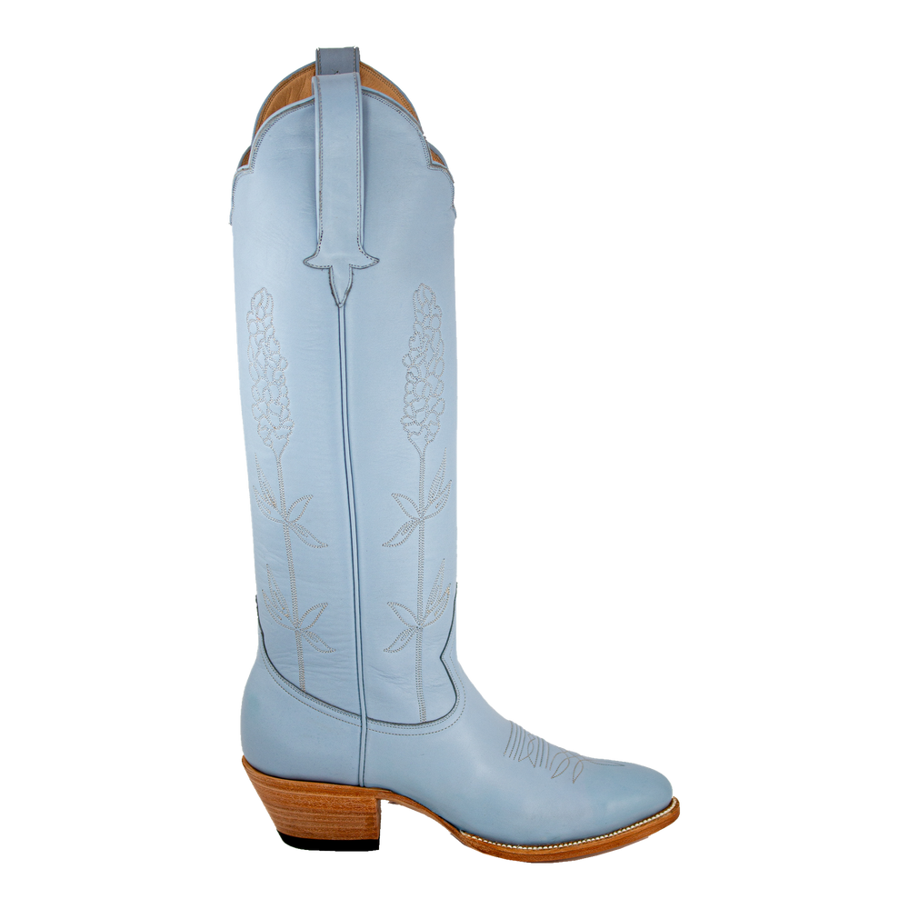 Powder Blue Bluebonnet tall western boot, 90-degree side profile view