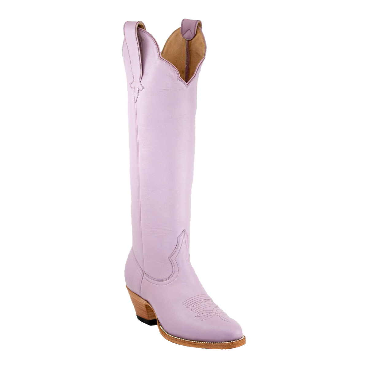 Lavender Georgia Tall boot, owner original 45-degree front three-quarter view on transparent background
