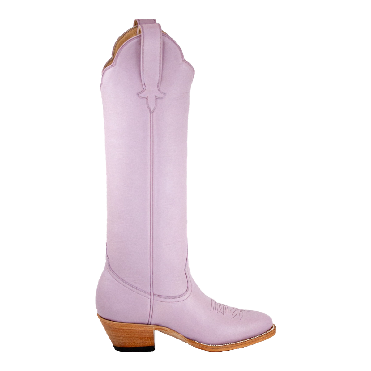 Lavender Georgia Tall boot, owner original 90-degree side view on transparent background