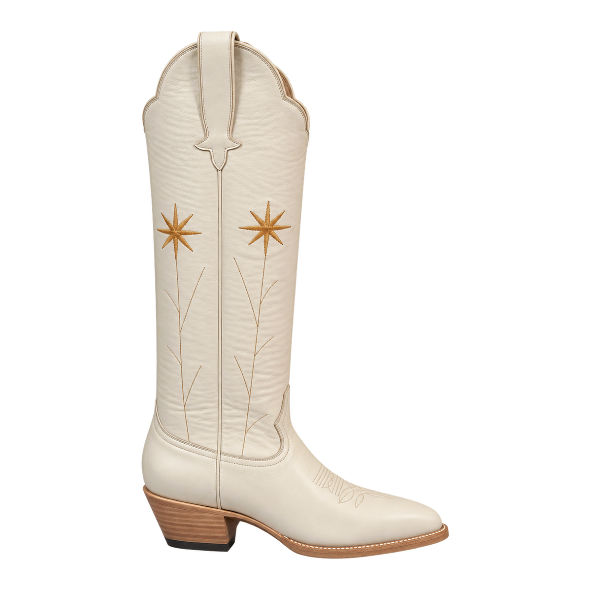 Gold Flower Bone boot, right-facing 90-degree side view. Owner-approved render.