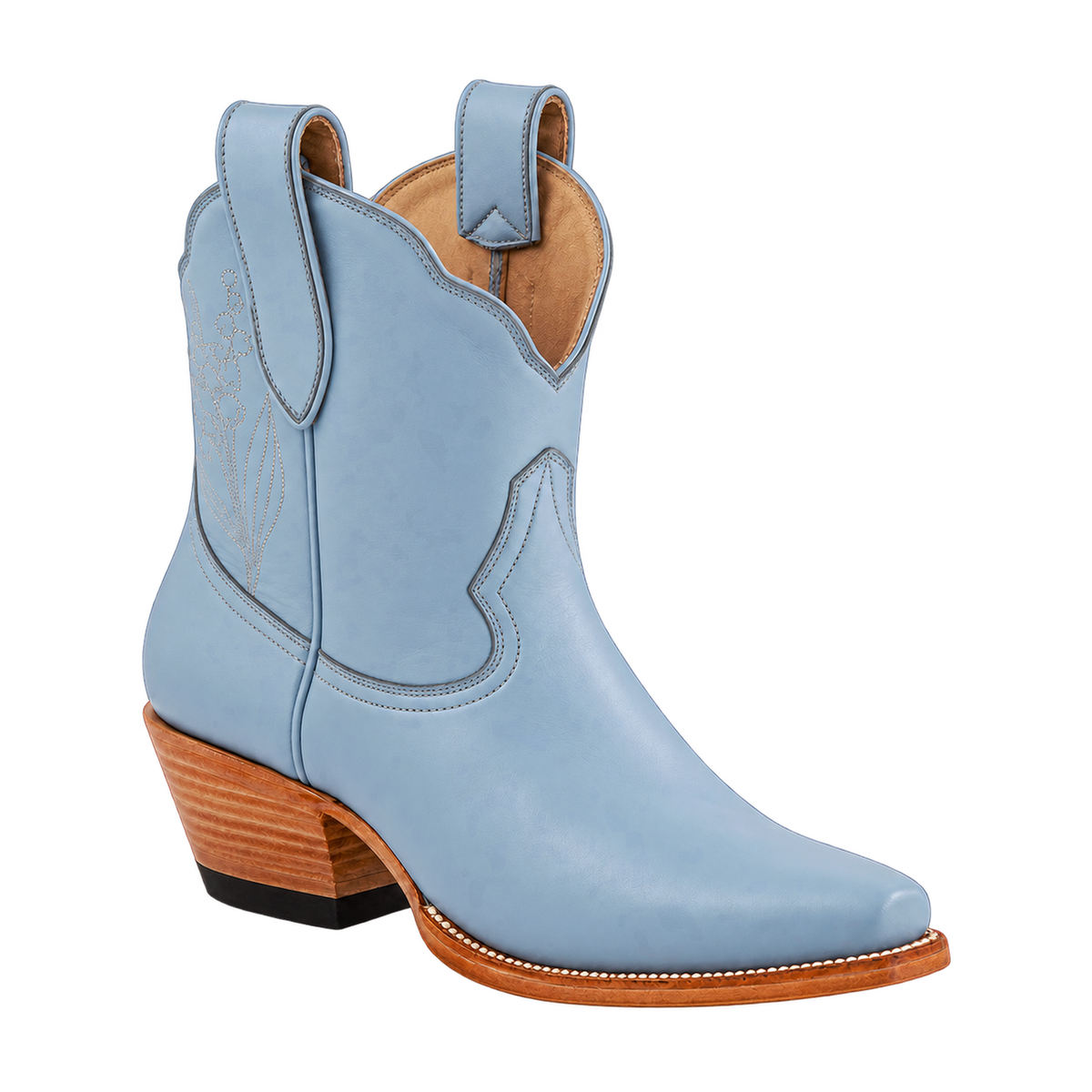 Lily of the Valley Powder Blue boot, 45-degree view. Owner-approved render with soft powder-blue color.