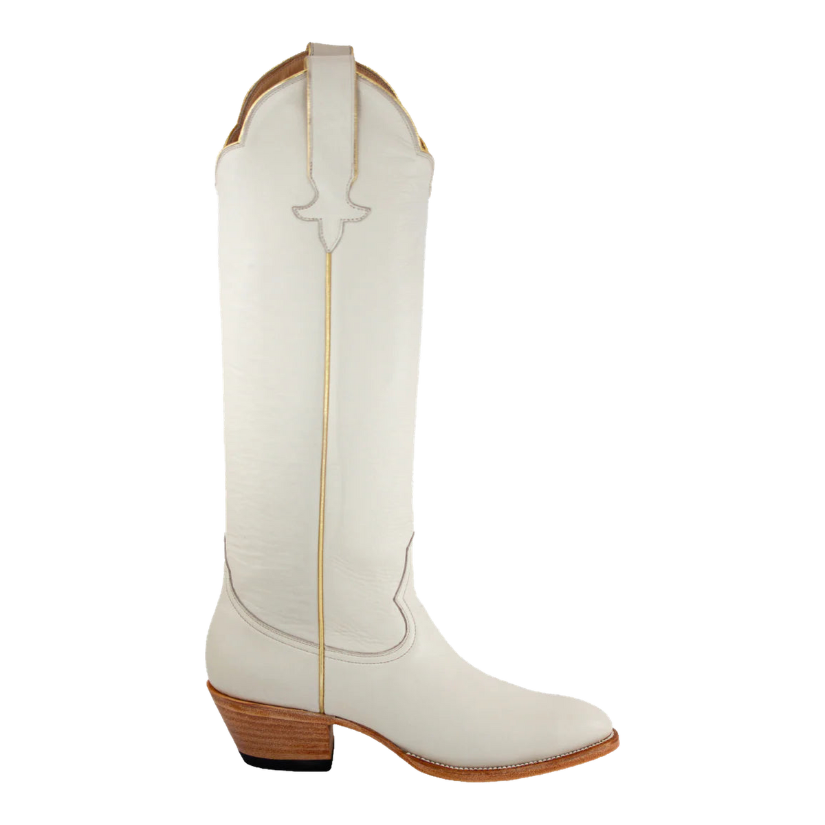 Bone and Gold McCall Boot, side view showing gold piping and a stacked heel.