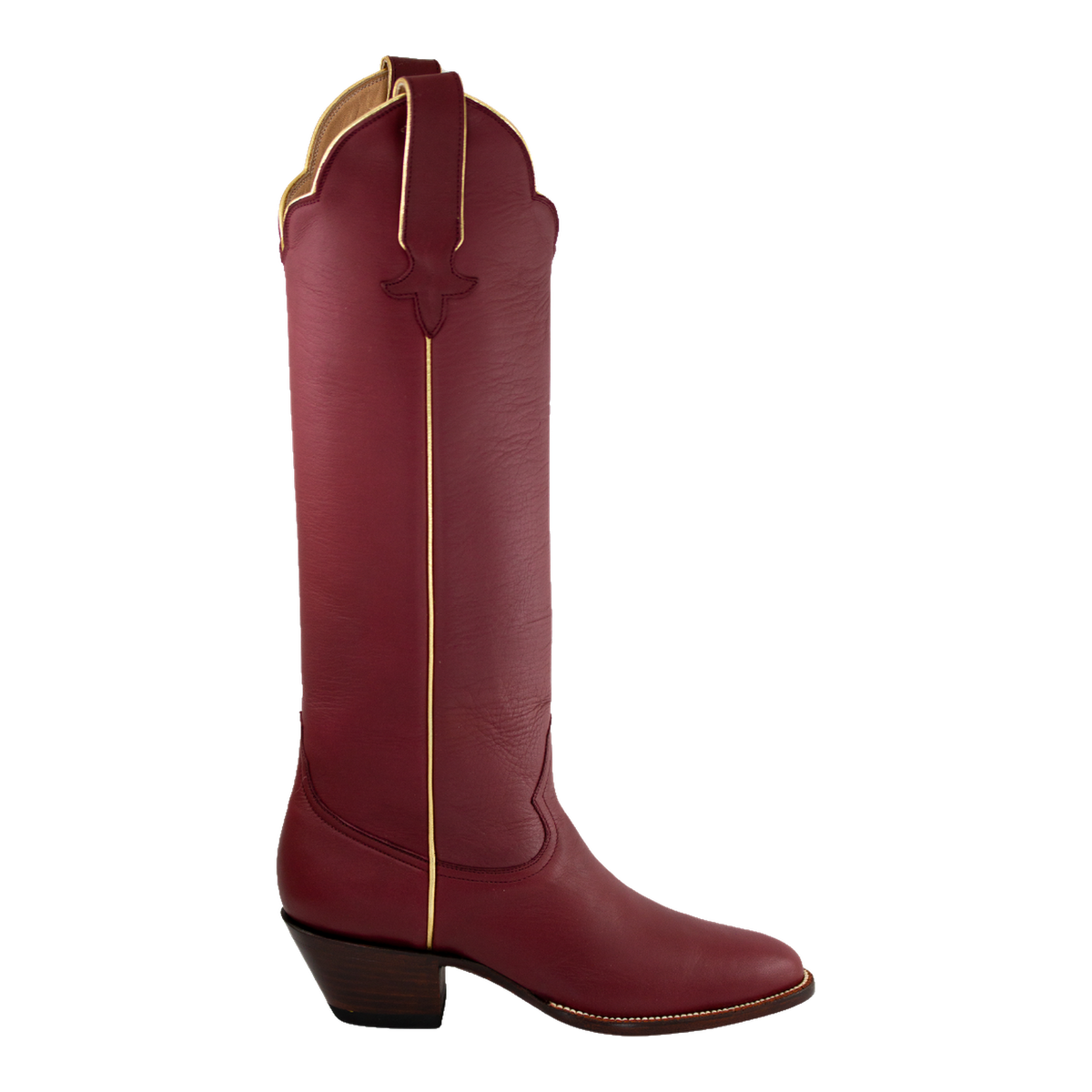 Side view of the Maroon and Gold McCall boot with gold piping and a dark stacked heel.