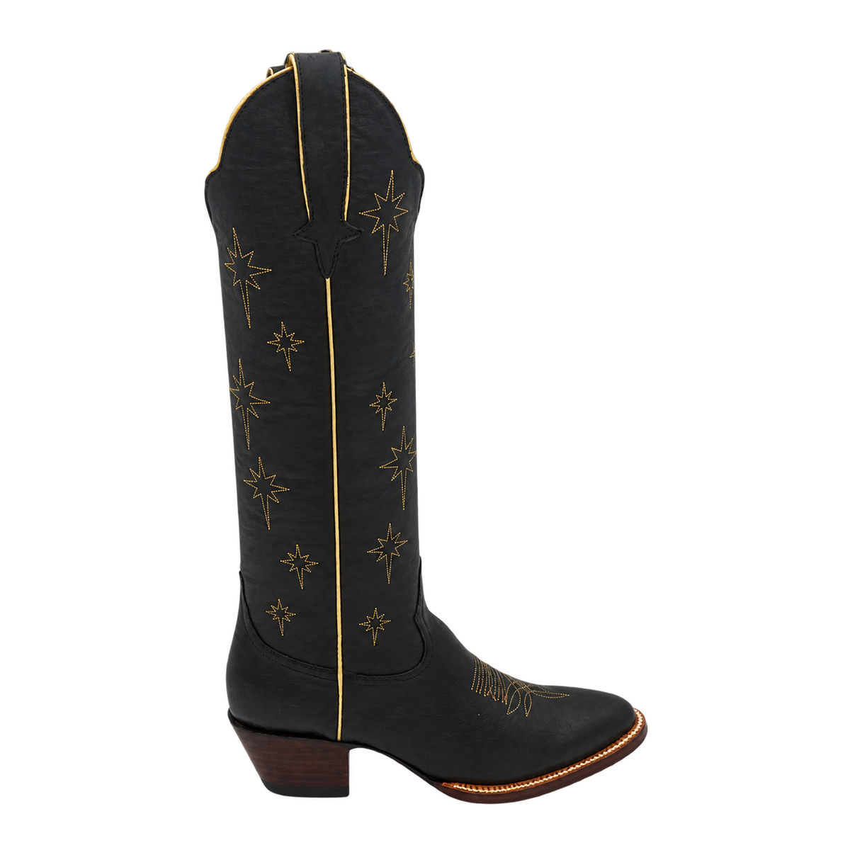 The North Star Boot in Black and Gold, approved AI-rendered 90-degree side view with eight-point stars.