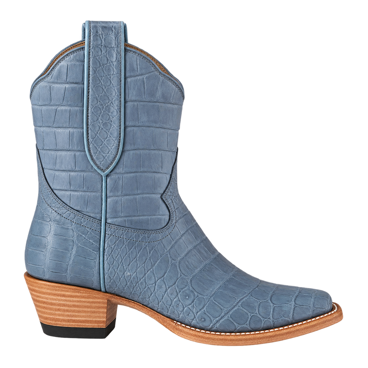 The Payton Boot, Denim Blue Alligator, approved AI-rendered 90-degree side view with reconstructed hide pattern.