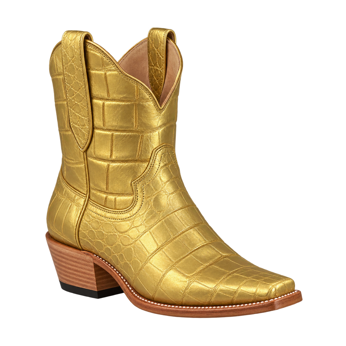The Payton Boot in Gold Metallic Alligator, 45-degree three-quarter studio rendering.
