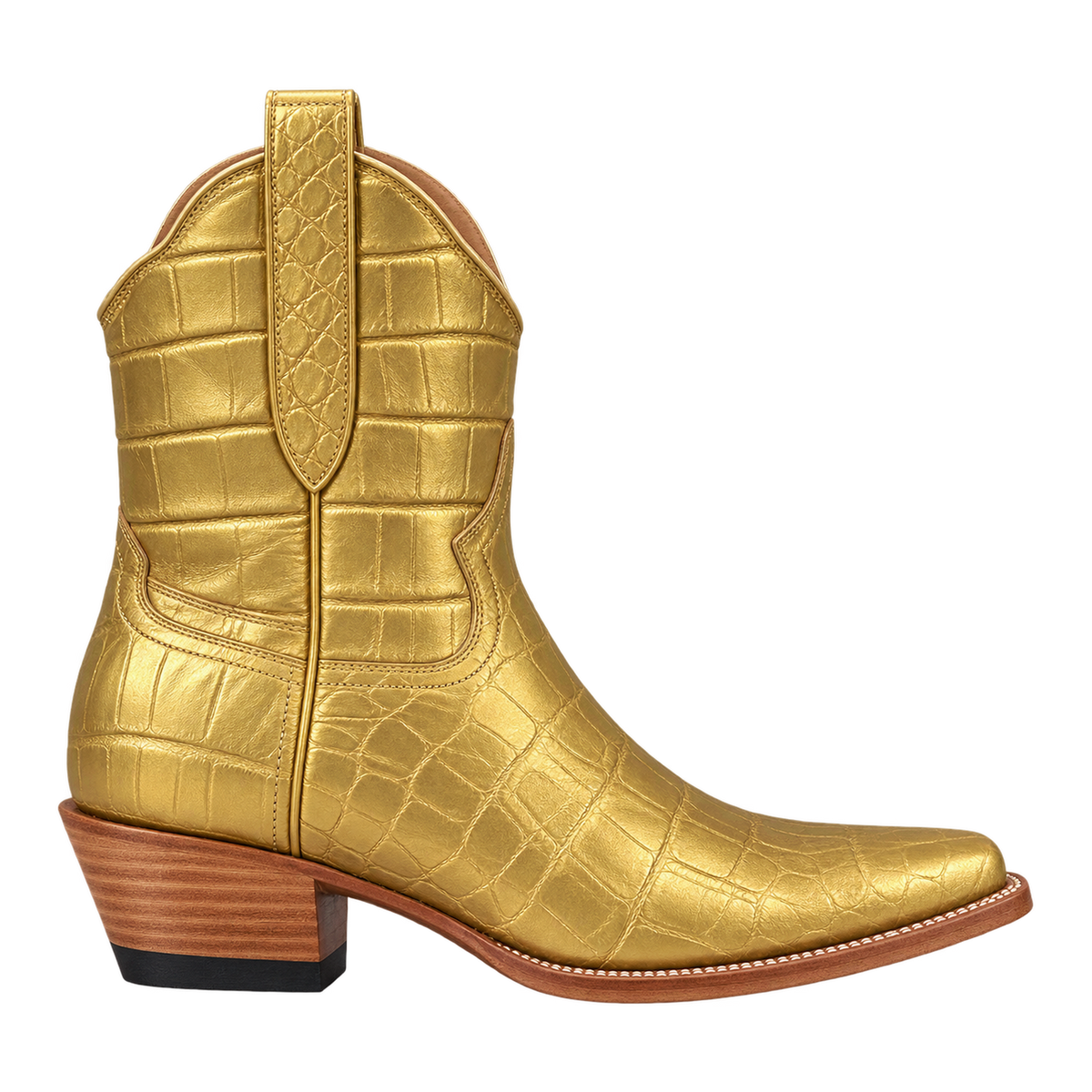 The Payton Boot in Gold Metallic Alligator, 90-degree side-profile studio rendering.