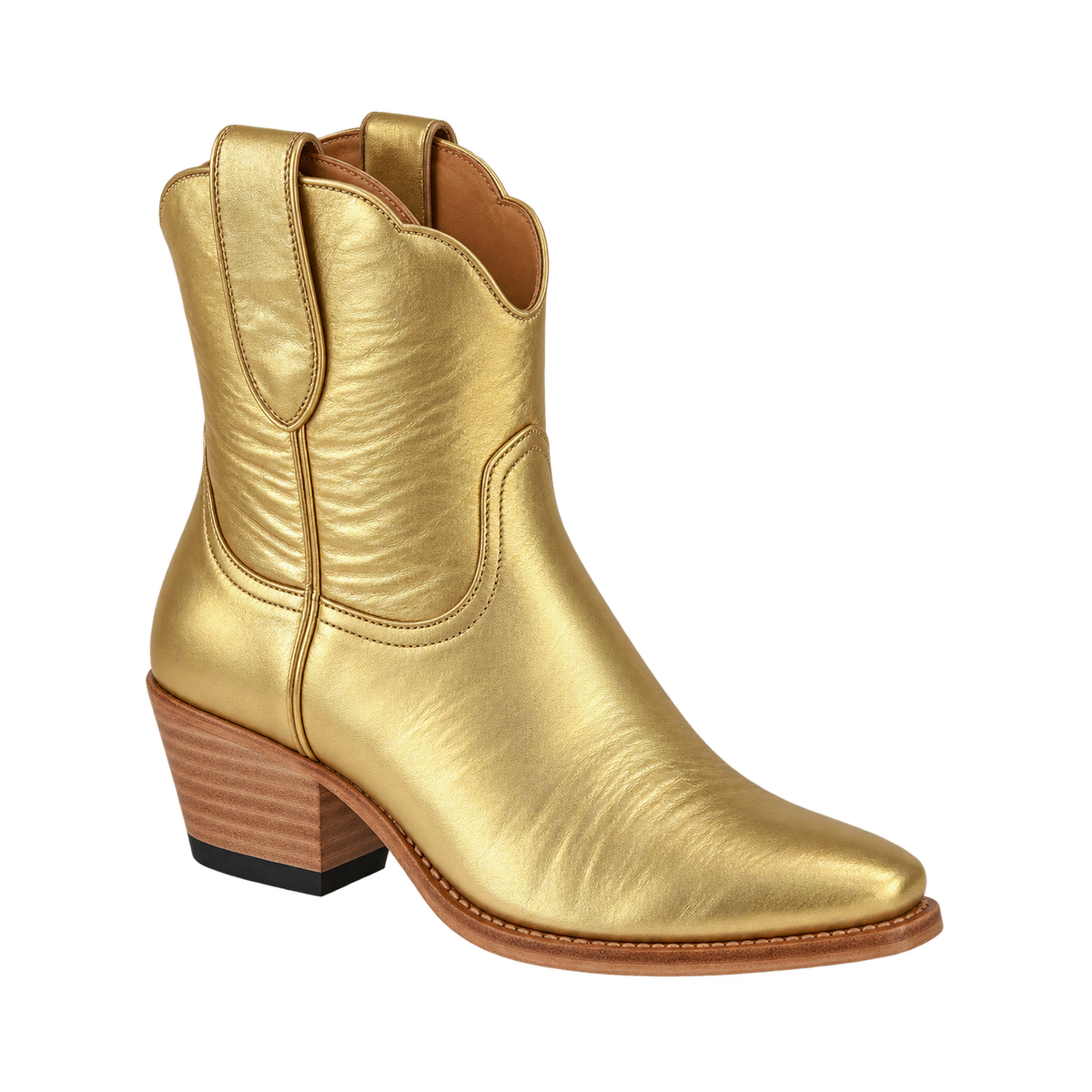 Gold Metallic Payton boot, 45-degree studio view. Owner-approved render.