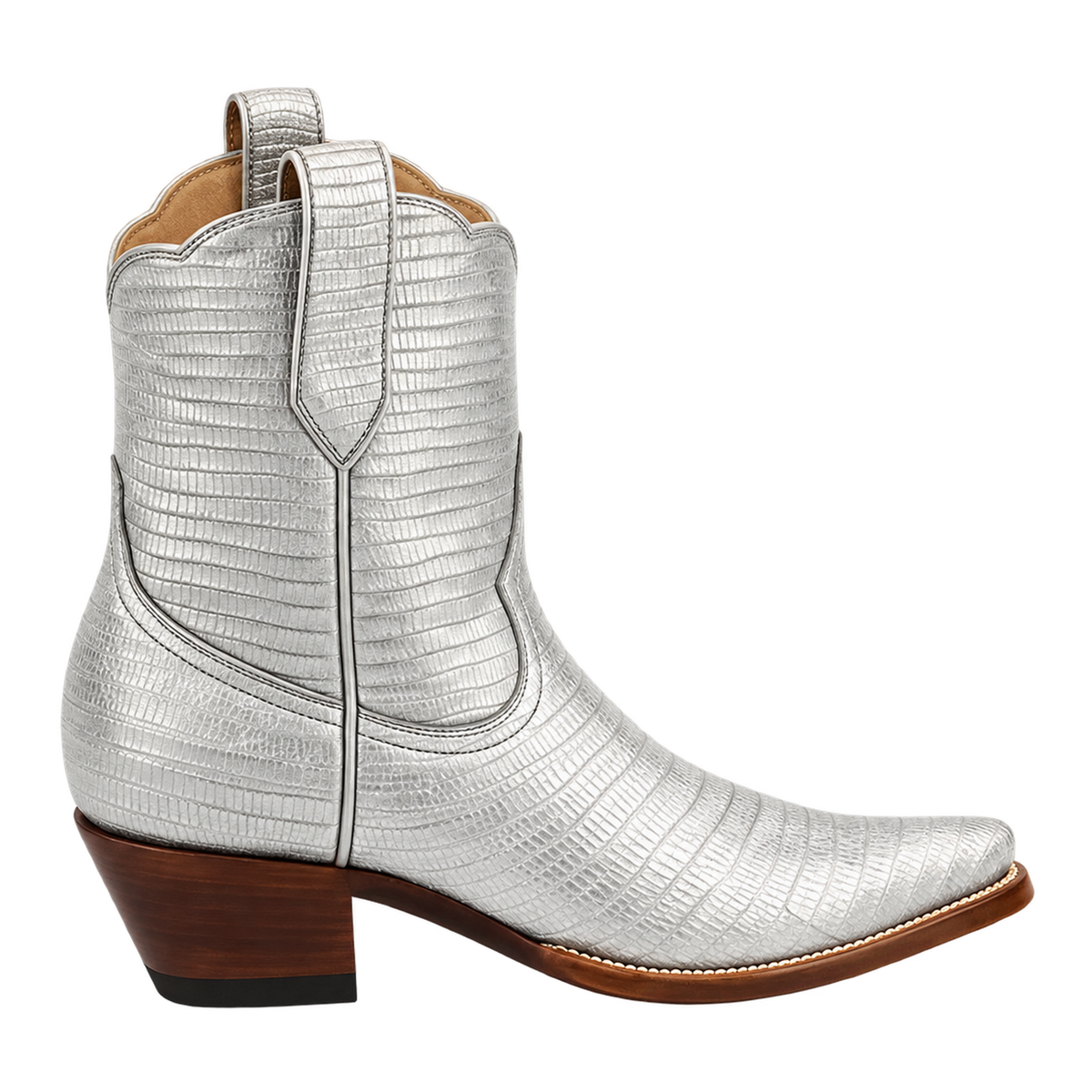 The Payton Boot in Silver Metallic Lizard, owner-approved 90-degree side profile with dark stacked heel.