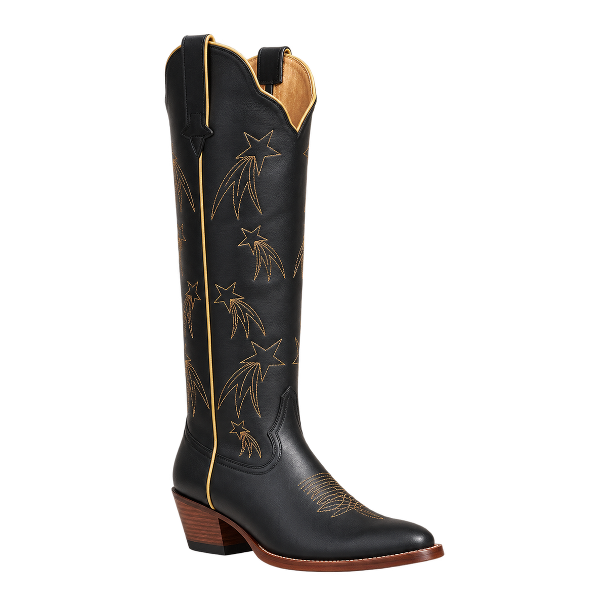 Shooting Star Boot in Black and Gold, 45-degree three-quarter product render.