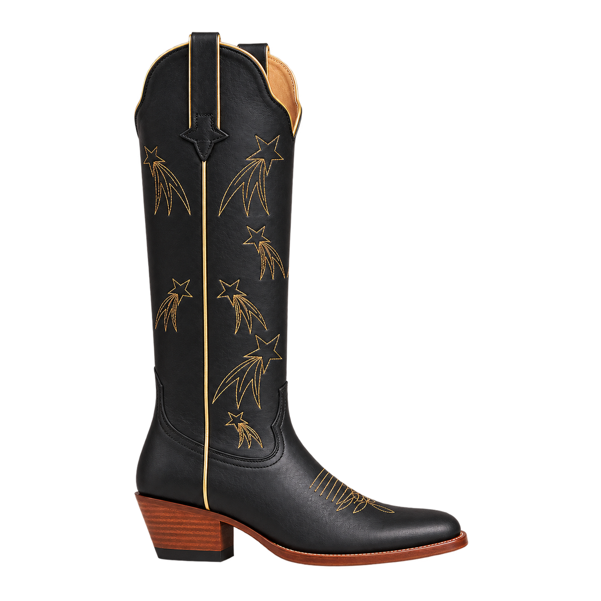 Shooting Star Boot in Black and Gold, 90-degree side-view product render.