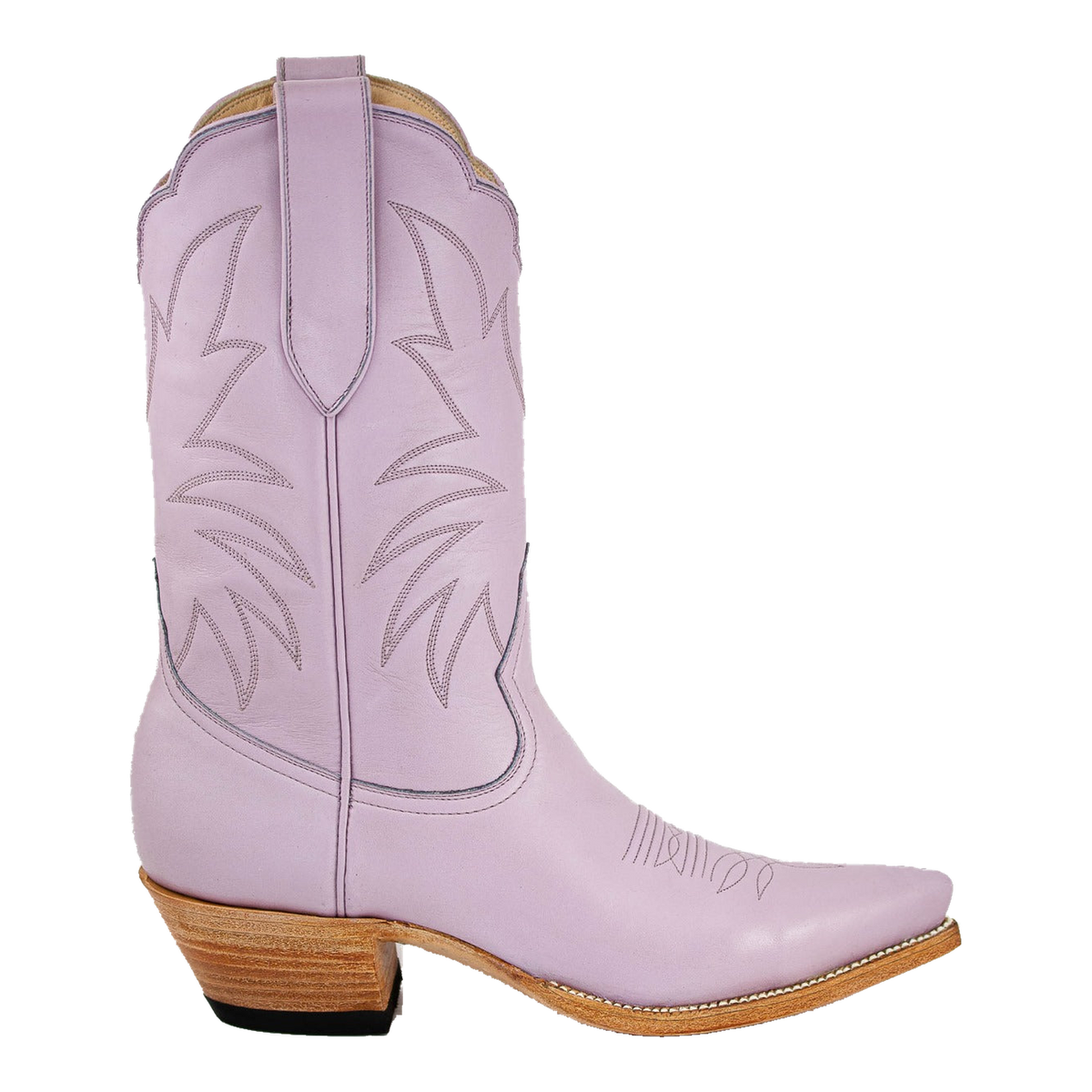 Heirloom Field Taylor Midi boot in Lavender, original side studio photograph showing western stitching, toe and stacked leather heel.