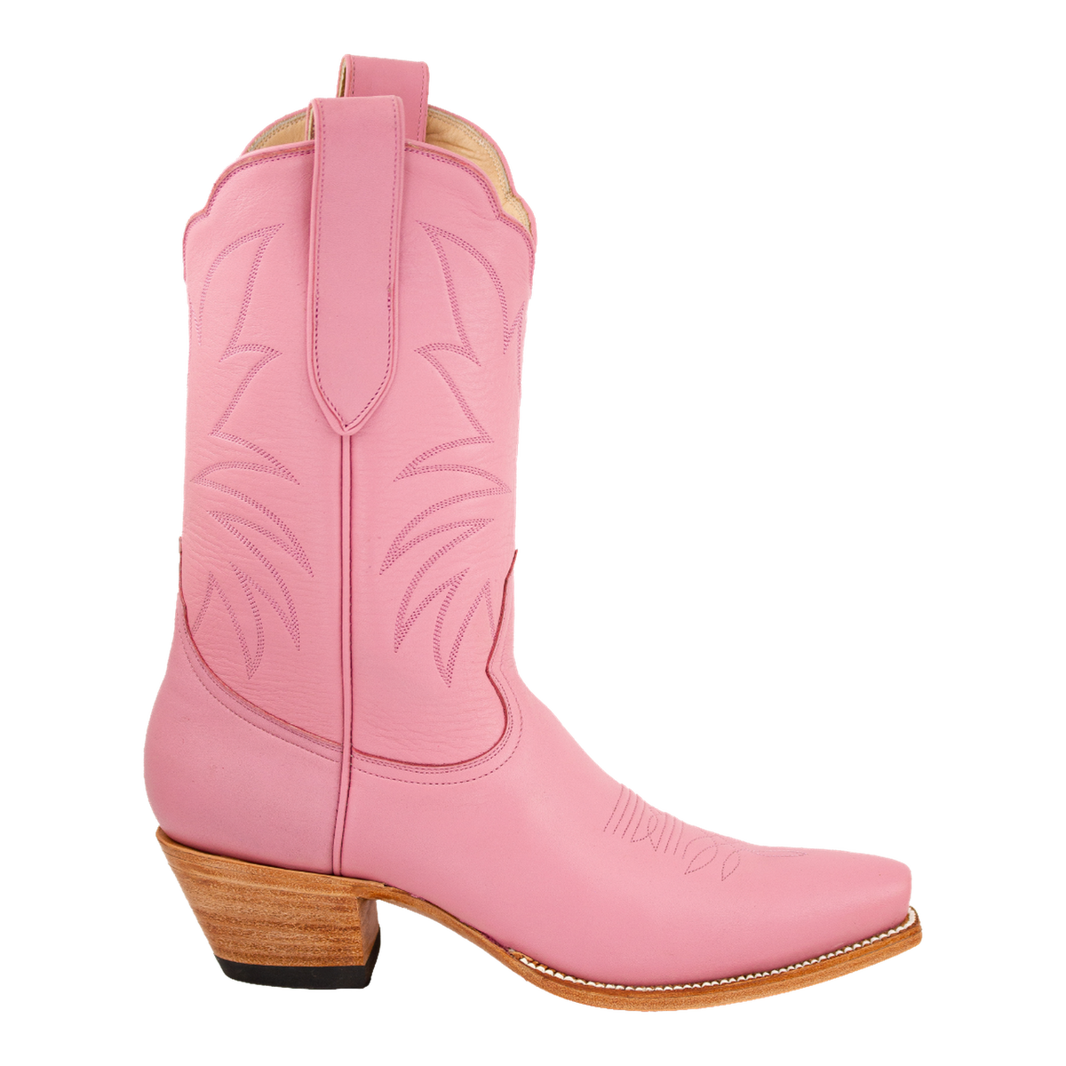 Petal Pink Taylor Midi Boot, side view with tonal western stitching and a stacked heel.