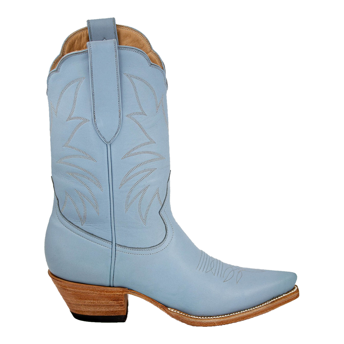 Heirloom Field Taylor Midi boot in Powder Blue, original side studio photograph showing western stitching, toe and stacked leather heel.